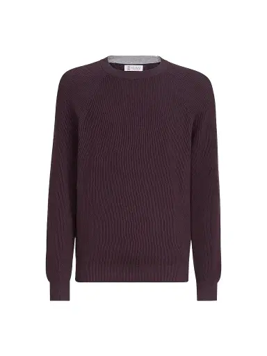 Brunello Cucinelli Men's Cotton English Rib Sweater with Raglan Sleeves - Dark Purple | Thumbnail 1