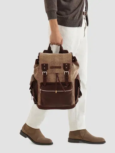 Brunello Cucinelli Men's Burnished Calfskin and Chevron-Effect Techno Fabric City Backpack - Beige Brown | Thumbnail 2