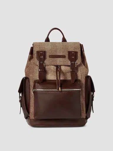 Brunello Cucinelli Men's Burnished Calfskin and Chevron-Effect Techno Fabric City Backpack - Beige Brown | Thumbnail 3