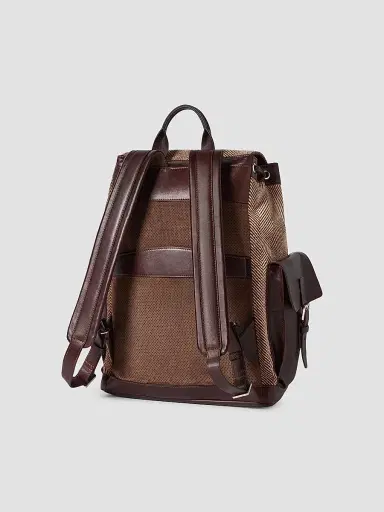 Brunello Cucinelli Men's Burnished Calfskin and Chevron-Effect Techno Fabric City Backpack - Beige Brown | Thumbnail 4