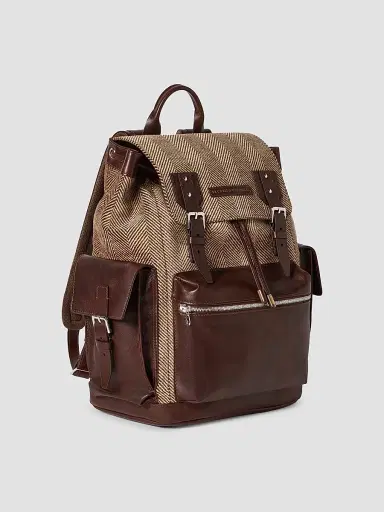 Brunello Cucinelli Men's Burnished Calfskin and Chevron-Effect Techno Fabric City Backpack - Beige Brown | Thumbnail 5