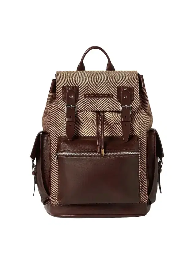Brunello Cucinelli Men's Burnished Calfskin and Chevron-Effect Techno Fabric City Backpack - Beige Brown