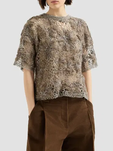 Brunello Cucinelli Women's Whispering Bloom Embroidery Knit T-Shirt | Thumbnail 2