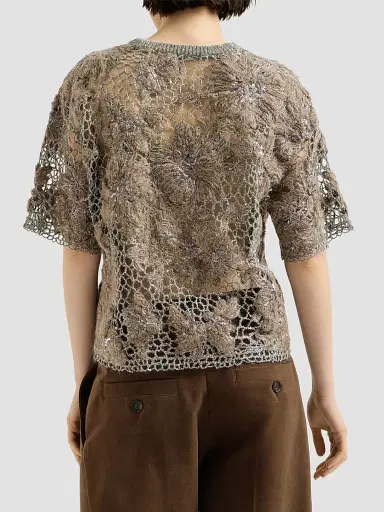 Brunello Cucinelli Women's Whispering Bloom Embroidery Knit T-Shirt | Thumbnail 3