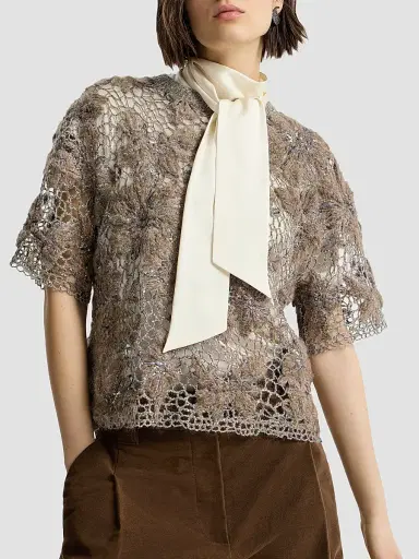 Brunello Cucinelli Women's Whispering Bloom Embroidery Knit T-Shirt | Thumbnail 4