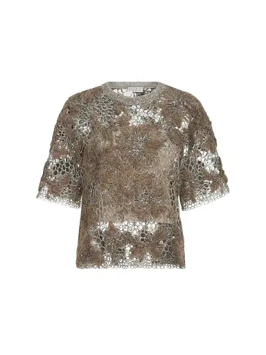 Brunello Cucinelli Women's Whispering Bloom Embroidery Knit T-Shirt | Thumbnail 1
