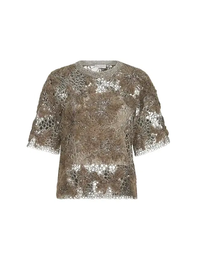 Brunello Cucinelli Women's Whispering Bloom Embroidery Knit T-Shirt