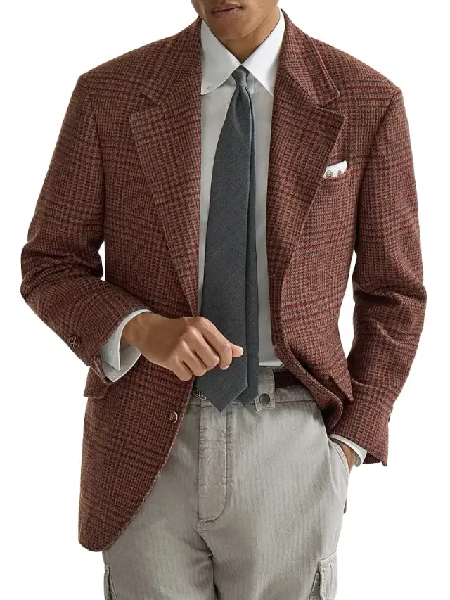 Brunello Cucinelli Men's Cashmere Prince of Wales Cavallo Tailor Blazer - Brown