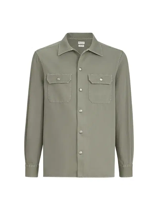 Brunello Cucinelli Men's Garment-Dyed Overshirt in Cotton Gabardine - Military