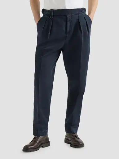 Brunello Cucinelli Men's Cotton Chevron Trousers with Double Pleats - Navy Blue | Thumbnail 2