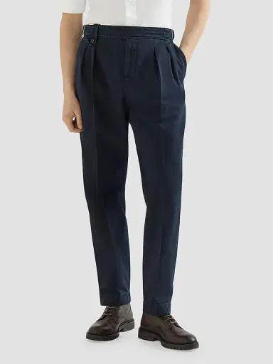 Brunello Cucinelli Men's Cotton Chevron Trousers with Double Pleats - Navy Blue | Thumbnail 4