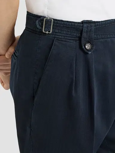 Brunello Cucinelli Men's Cotton Chevron Trousers with Double Pleats - Navy Blue | Thumbnail 5