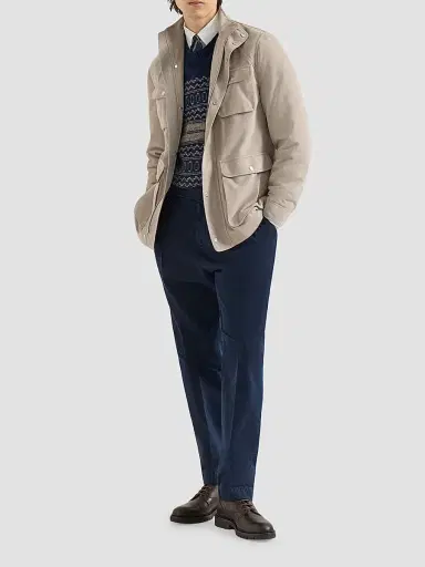 Brunello Cucinelli Men's Cotton Chevron Trousers with Double Pleats - Navy Blue | Thumbnail 6