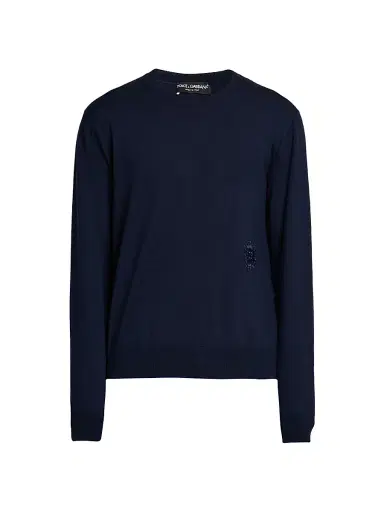 Dolce & Gabbana Men's Logo Patch Virgin Wool Sweater - Blue Scurissimo - Size 46 | Thumbnail 1