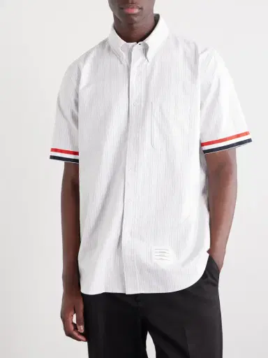 Thom Browne Logo-Appliquéd Striped Cotton-Oxford Shirt - Men | Thumbnail 3 Thom Browne Logo-Appliquéd Striped Cotton-Oxford Shirt - Men | Thumbnail 3