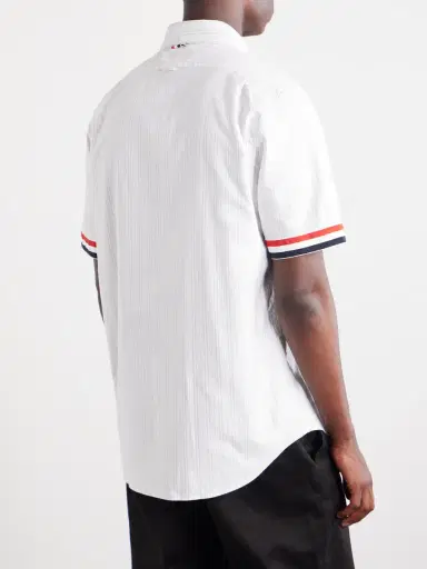 Thom Browne Logo-Appliquéd Striped Cotton-Oxford Shirt - Men | Thumbnail 4 Thom Browne Logo-Appliquéd Striped Cotton-Oxford Shirt - Men | Thumbnail 4