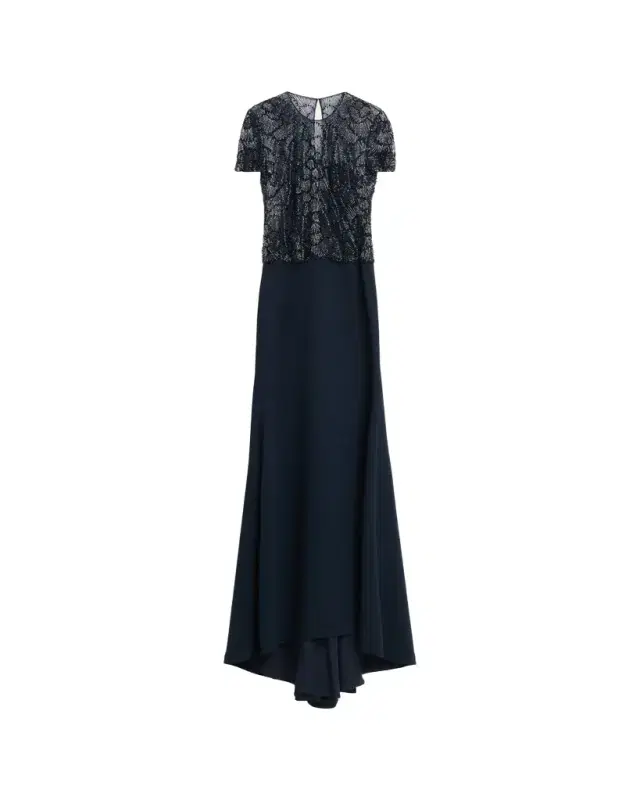 Naeem Khan Beaded Bodice Cap-Sleeve Fit-And-Flare Crepe Gown