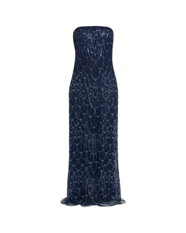 Reem Acra Strapless Crystal Embellished Evening Gown