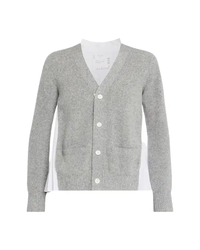 sacai Wool Knit And Cotton Poplin V-Neck Cardigan