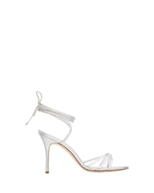 Manolo Blahnik 105mm Leva Metallic Leather Ankle-Tie Sandals