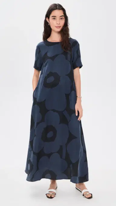 Marimekko Taipale Unikko Midi Dress Bluish Grey/Black | Thumbnail 5