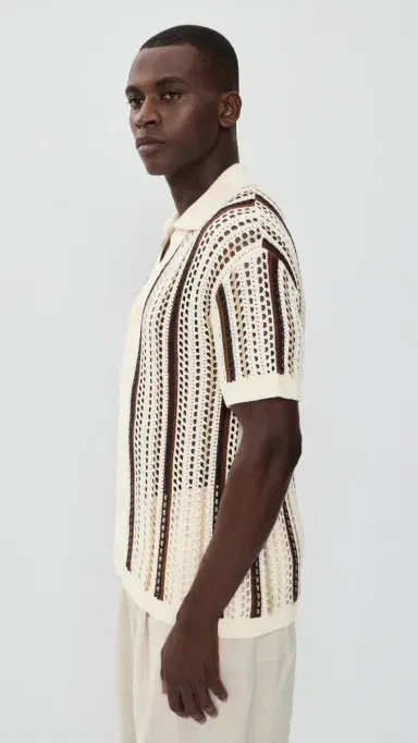Frescobol Carioca Pinto Cotton Stripe Crochet Shirt Cream & Cacao | Thumbnail 5 Frescobol Carioca Pinto Cotton Stripe Crochet Shirt Cream & Cacao | Thumbnail 5