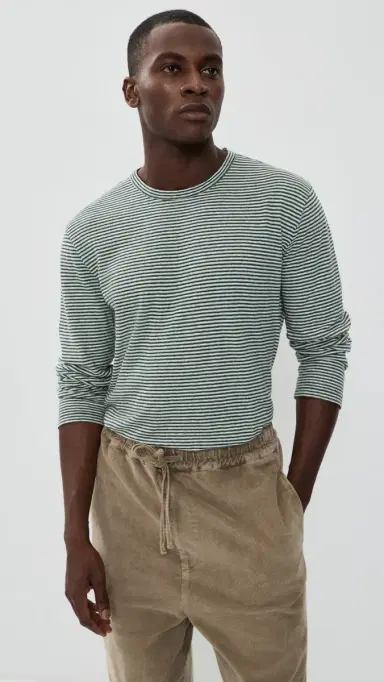 OFFICINE GÉNÉRALE Cotton inen Stripe Tee Green/Grey/White | Thumbnail 2 OFFICINE GÉNÉRALE Cotton inen Stripe Tee Green/Grey/White | Thumbnail 2