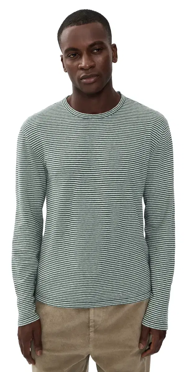 Officine Generale Cotton inen Stripe Tee Green/Grey/White