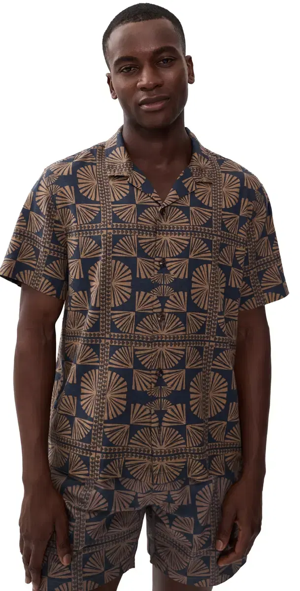 Marine Layer Linen Blend Resort hirt Brown/Navy Geo Fan Print