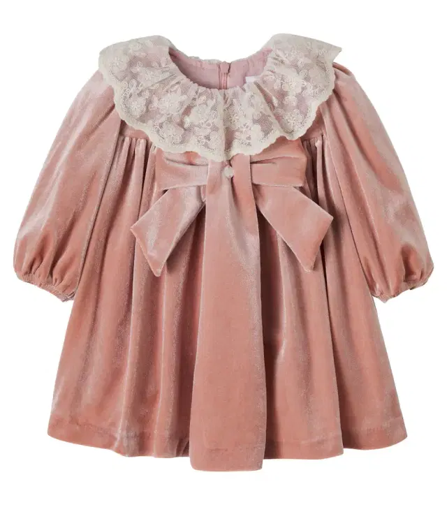 Bow-detail lace-trimmed velvet dress