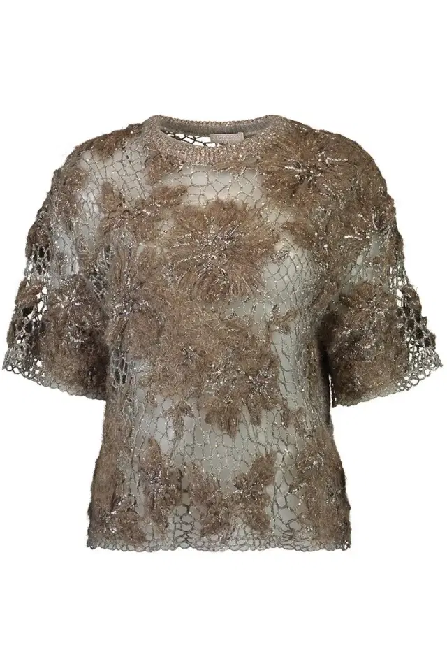 Brunello Cucinelli Whispering Bloom Embroidered Couture Knit Top