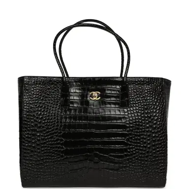 Chanel Chanel Large Cerf Shopping Bag Black Croc Embossed Calfskin Gold Hardware | Thumbnail 1