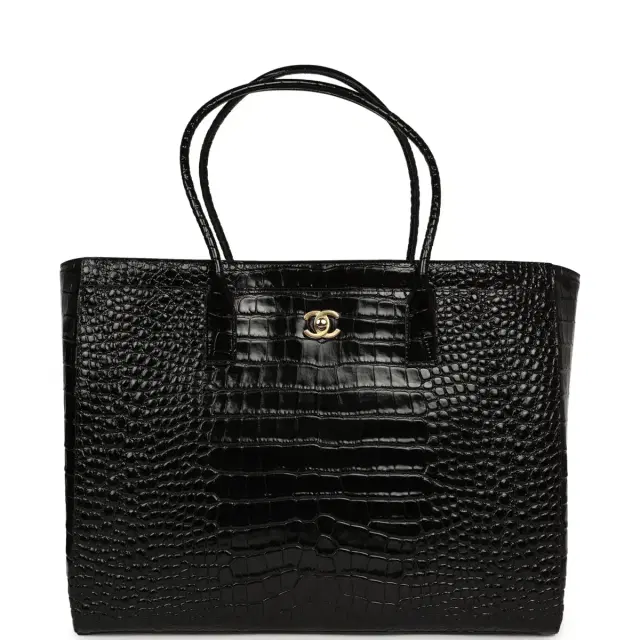 Chanel Large Cerf Shopping Bag Black Croc Embossed Calfskin Gold Hardware