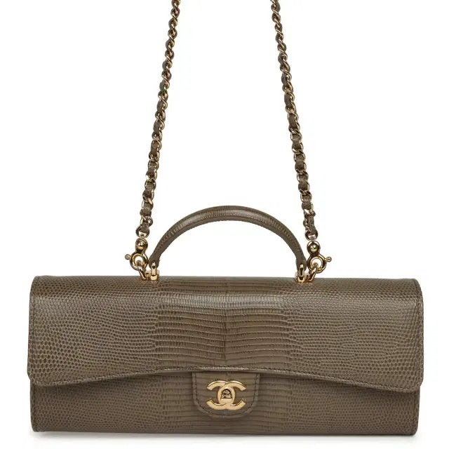 Chanel Chanel Long Top Handle Clutch with Chain Dark Khaki Lizard Embossed Calfskin Gold Hardware