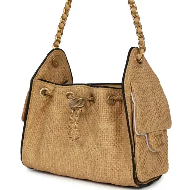 Chanel Chanel Mini 25 Hobo Bag Beige Raffia and Black Calfskin Antique Gold Hardware | Thumbnail 5 Chanel Chanel Mini 25 Hobo Bag Beige Raffia and Black Calfskin Antique Gold Hardware | Thumbnail 5