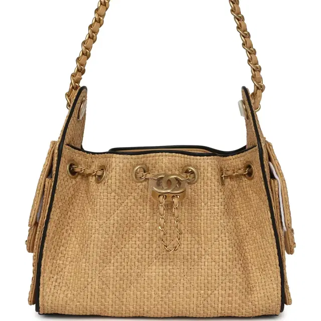 Chanel Mini 25 Hobo Bag Beige Raffia and Black Calfskin Antique Gold Hardware Chanel Mini 25 Hobo Bag Beige Raffia and Black Calfskin Antique Gold Hardware