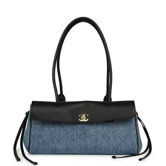 Chanel Chanel Small "Urban Essential" East West Shopping Tote Black Calfskin and Blue Denim Gold Hardware