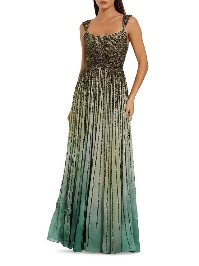 Mac Duggal Women's Petite Beaded Ombré A-Line Gown - Patina Green