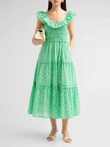 Ro's Garden Women's Tuscany Cotton Floral Flounce Midi Dress - Green Mana | Thumbnail 2 Ro's Garden Women's Tuscany Cotton Floral Flounce Midi Dress - Green Mana | Thumbnail 2