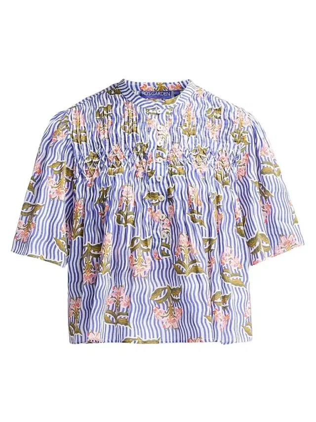 Ro's Garden Women's Loretta Floral Striped Cotton Top - Blue Moana