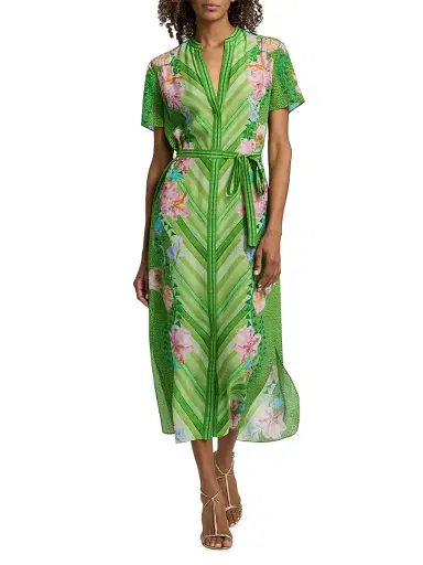 Saloni Women's Vicki Printed Silk Tie-Waist Midi-Dress - Lilia Chevron Placement - Size 12 | Thumbnail 2
