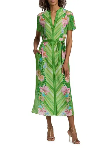 Saloni Women's Vicki Printed Silk Tie-Waist Midi-Dress - Lilia Chevron Placement - Size 12 | Thumbnail 3