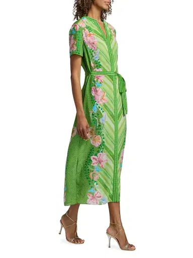 Saloni Women's Vicki Printed Silk Tie-Waist Midi-Dress - Lilia Chevron Placement - Size 12 | Thumbnail 4