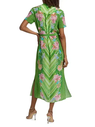Saloni Women's Vicki Printed Silk Tie-Waist Midi-Dress - Lilia Chevron Placement - Size 12 | Thumbnail 5