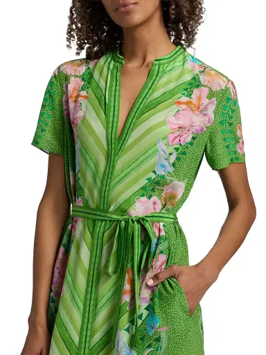 Saloni Women's Vicki Printed Silk Tie-Waist Midi-Dress - Lilia Chevron Placement - Size 12 | Thumbnail 6