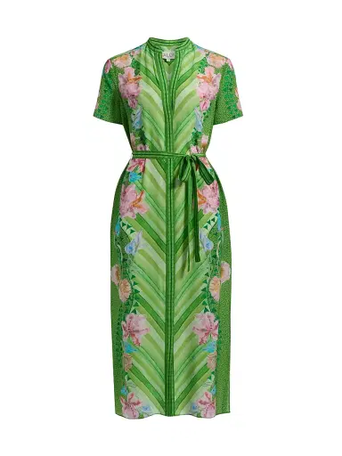 Saloni Women's Vicki Printed Silk Tie-Waist Midi-Dress - Lilia Chevron Placement - Size 12 | Thumbnail 1