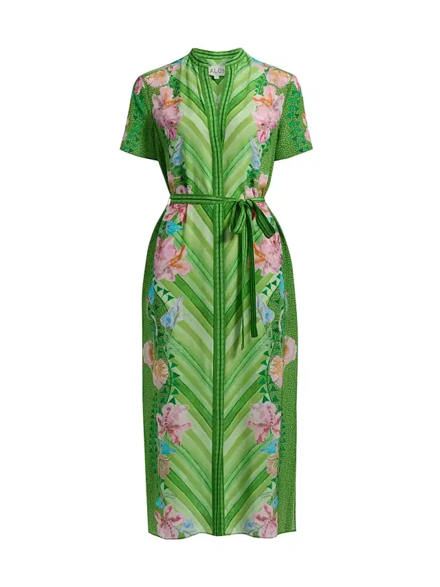 Saloni Women's Vicki Printed Silk Tie-Waist Midi-Dress - Lilia Chevron Placement