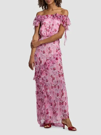 Saloni Women's Nina Floral Silk Off-The-Shoulder Maxi Dress - Windflower Rose - Size 12 | Thumbnail 3