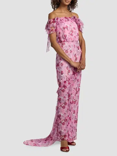 Saloni Women's Nina Floral Silk Off-The-Shoulder Maxi Dress - Windflower Rose - Size 12 | Thumbnail 4