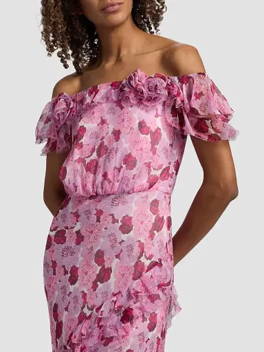 Saloni Women's Nina Floral Silk Off-The-Shoulder Maxi Dress - Windflower Rose - Size 12 | Thumbnail 6